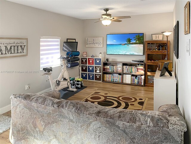 living room with wood-type flooring and ceiling fan