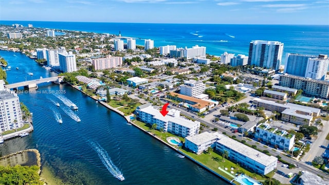 aerial view with a view of city and a water view