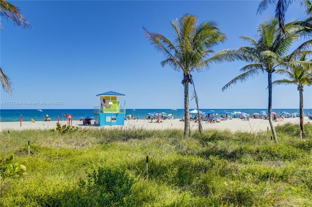 view of water feature with a beach view