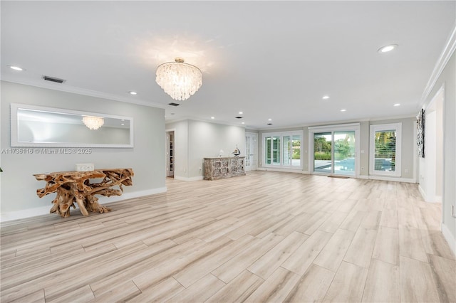 16141 W Troon Cir, Miami Lakes, FL 33014 - living area featuring a chandelier, ornamental molding, recessed lighting, baseboards, and light wood finished floors
