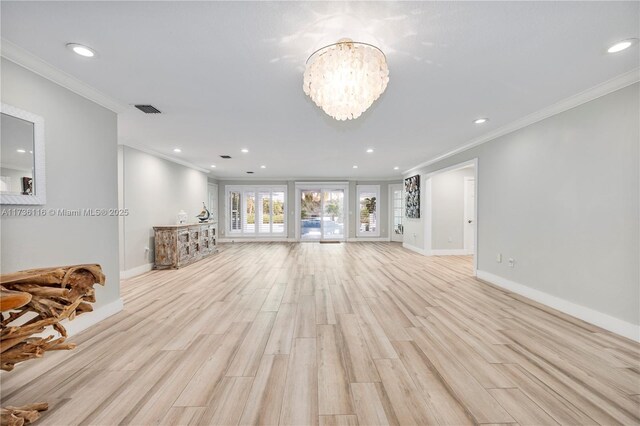 16141 W Troon Cir, Miami Lakes, FL 33014 - living room featuring ornamental molding, recessed lighting, a chandelier, light wood-style flooring, and baseboards