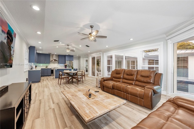 16141 W Troon Cir, Miami Lakes, FL 33014 - living room with light wood finished floors, ornamental molding, recessed lighting, and a ceiling fan