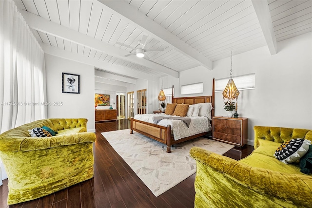 bedroom featuring wood ceiling, beam ceiling, and hardwood / wood-style floors