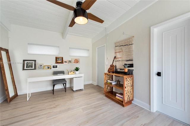 home office with beamed ceiling, ceiling fan, light hardwood / wood-style flooring, and wooden ceiling