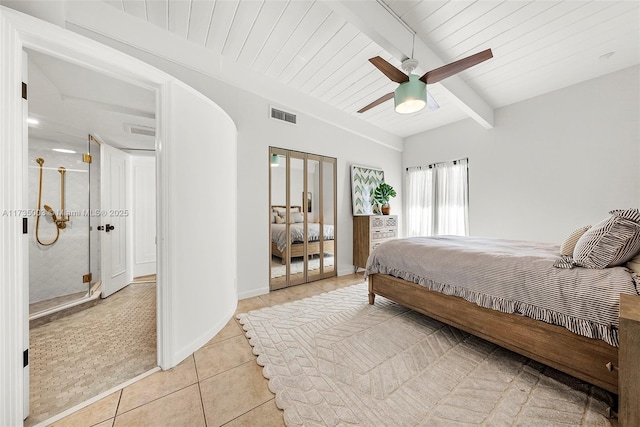 bedroom with wood ceiling, beam ceiling, ceiling fan, and light tile patterned flooring