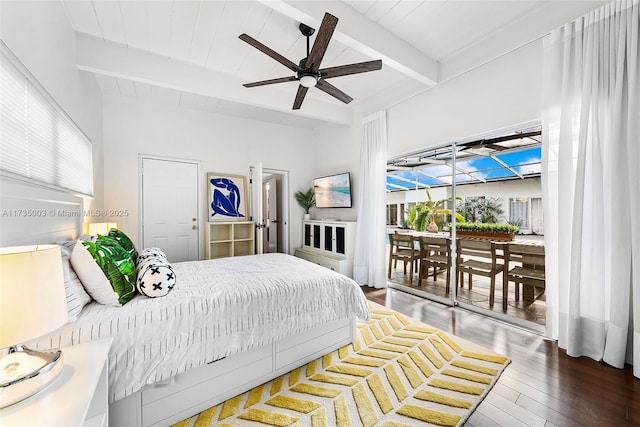 bedroom with hardwood / wood-style floors, access to exterior, ceiling fan, wood ceiling, and beam ceiling