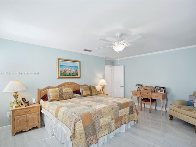 bedroom featuring ornamental molding and ceiling fan