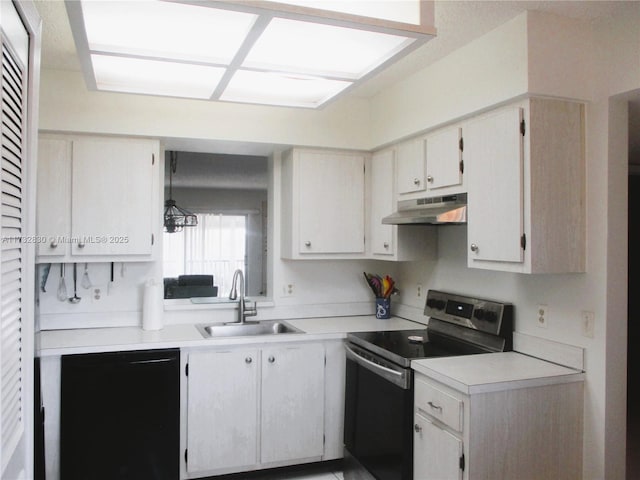 kitchen featuring white cabinetry, black dishwasher, sink, and electric stove