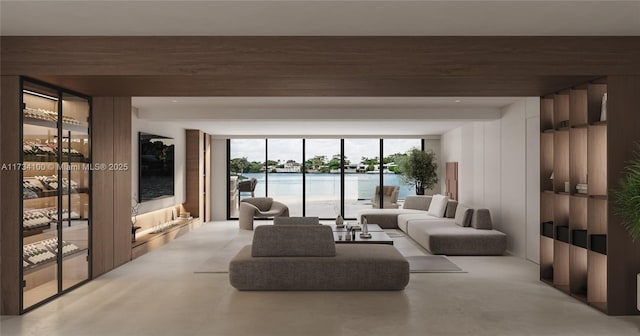 living room featuring beam ceiling and a wall of windows