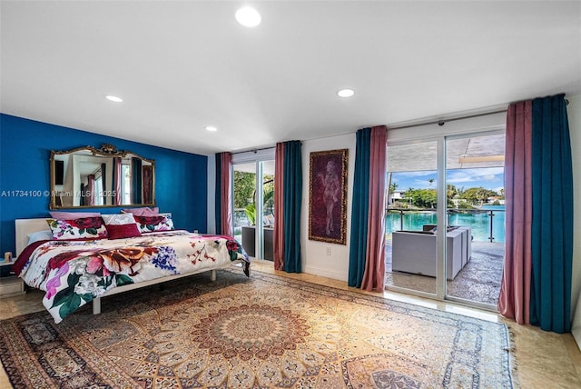 2091 NE 191st Dr, North Miami Beach, FL 33179 - bedroom featuring access to exterior, recessed lighting, and a water view
