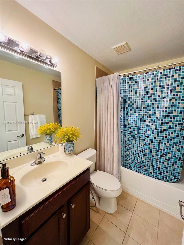 full bath with toilet, visible vents, vanity, tile patterned floors, and shower / bathtub combination with curtain