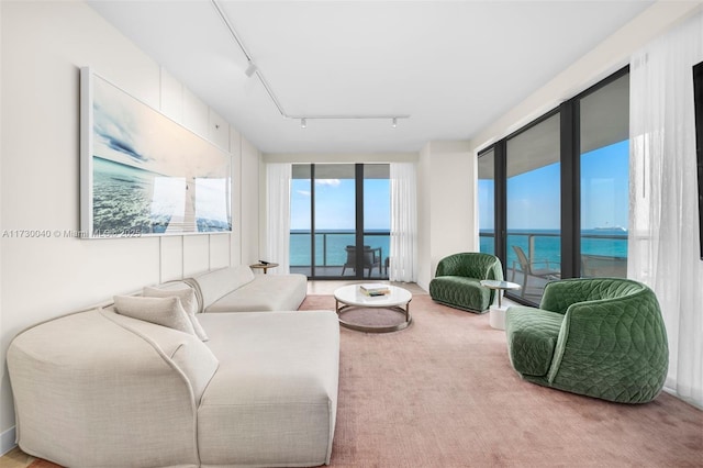 2201 Collins Ave Unit 1128, Miami Beach, FL 33139 - carpeted living area with a water view and rail lighting