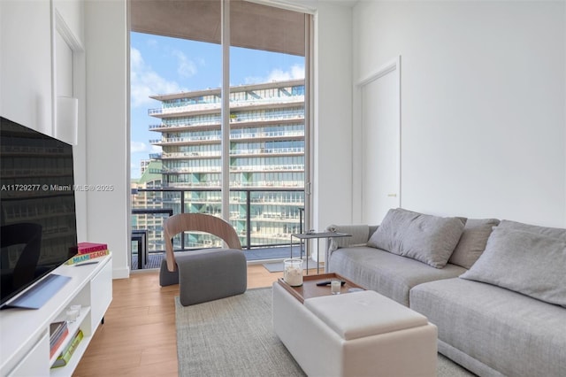 living room featuring wood-type flooring and a wall of windows