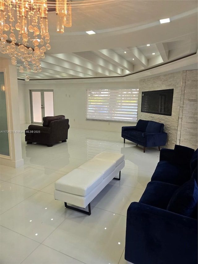 tiled living room with beamed ceiling