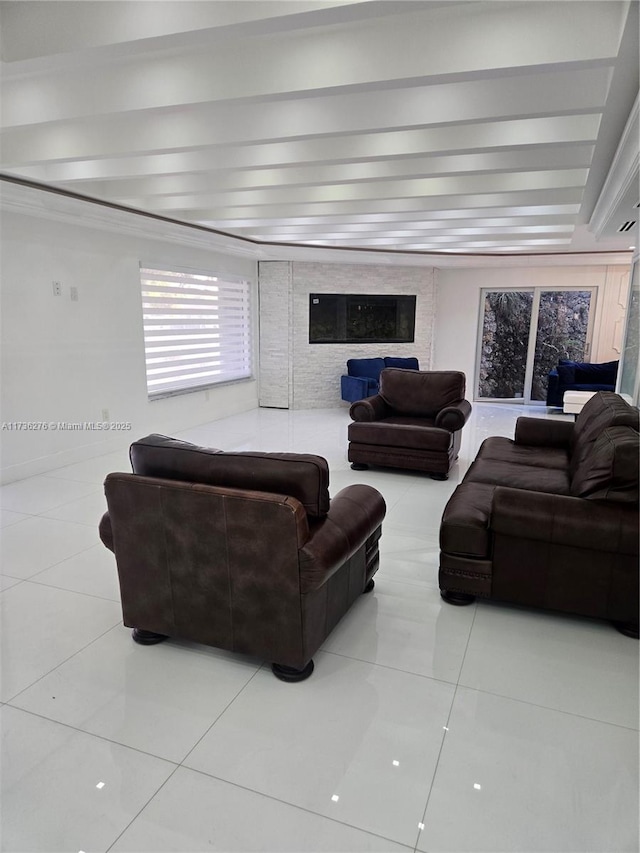 living room with tile patterned flooring