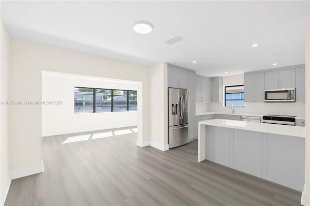 kitchen with appliances with stainless steel finishes, sink, and light hardwood / wood-style flooring