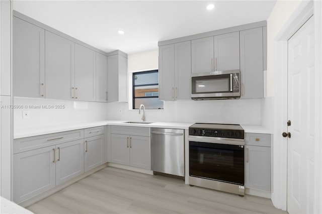 kitchen featuring stainless steel appliances, light hardwood / wood-style floors, sink, and backsplash