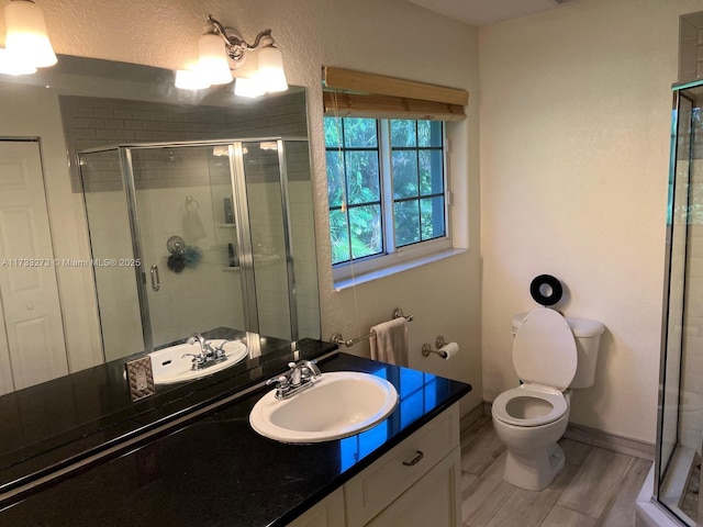 bathroom featuring walk in shower, vanity, toilet, and radiator heating unit