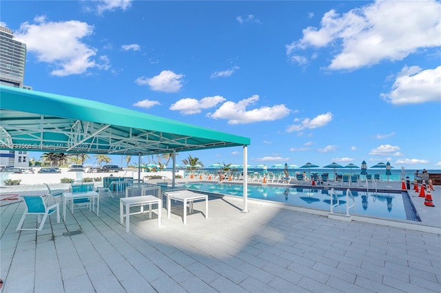 view of pool with a water view