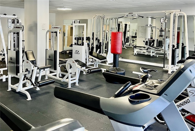 workout area featuring a drop ceiling