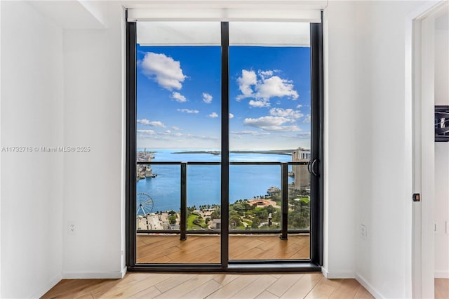 interior space with a water view, a wall of windows, and light hardwood / wood-style flooring