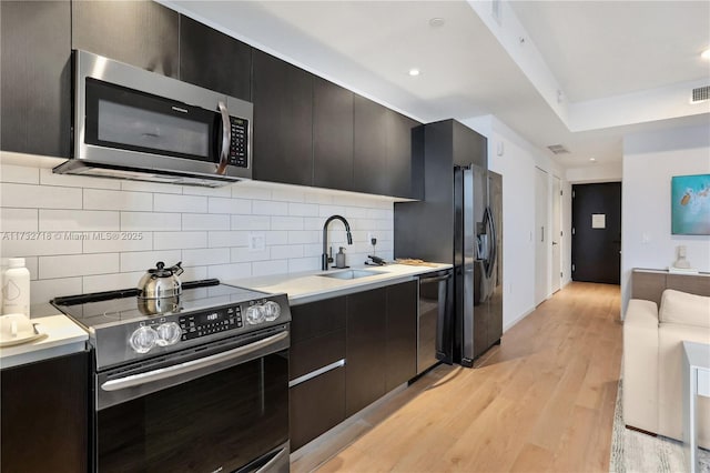 kitchen featuring sink, backsplash, stainless steel appliances, and light wood-type flooring