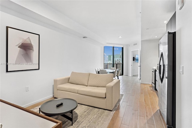 living room featuring floor to ceiling windows and light wood-type flooring