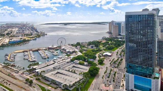 aerial view featuring a water view