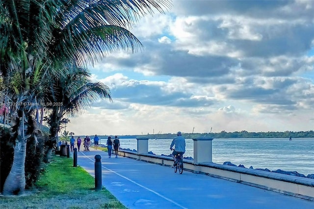 view of community with a water view