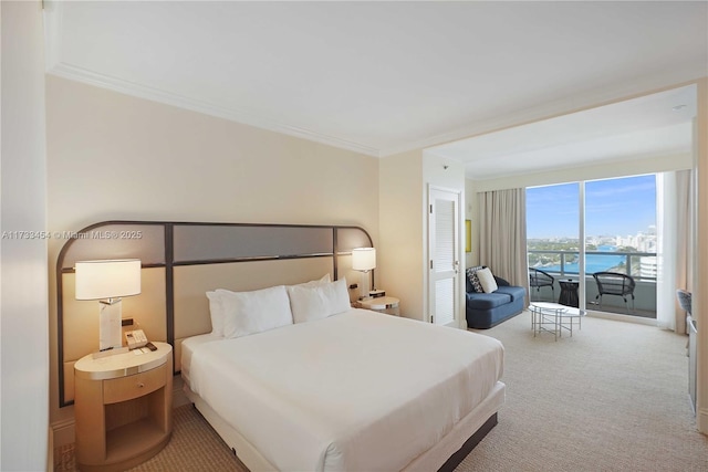 carpeted bedroom featuring a water view, ornamental molding, and access to outside