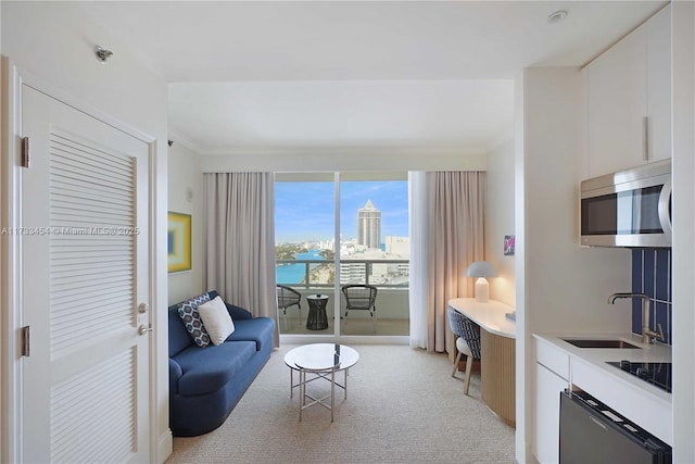 carpeted living room with ornamental molding, a water view, and sink