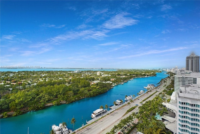 drone / aerial view with a water view