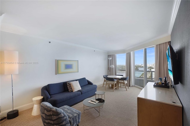 living room featuring light carpet and crown molding