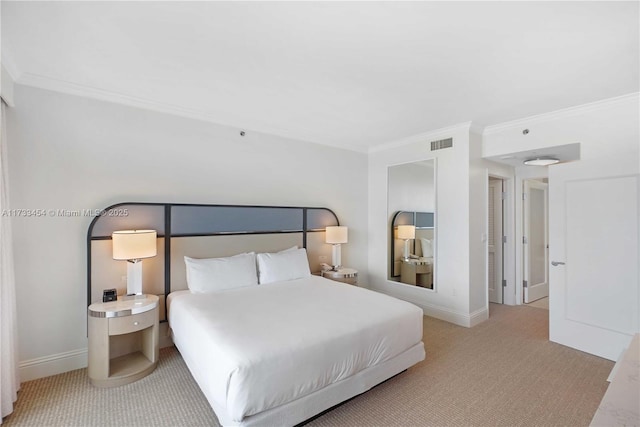 carpeted bedroom featuring ornamental molding