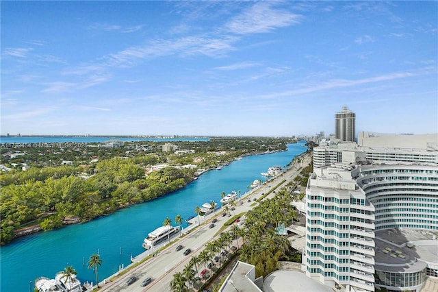 bird's eye view with a water view