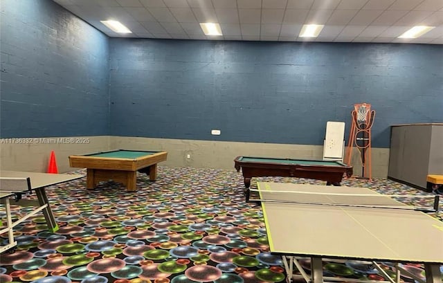 recreation room with a drop ceiling and pool table