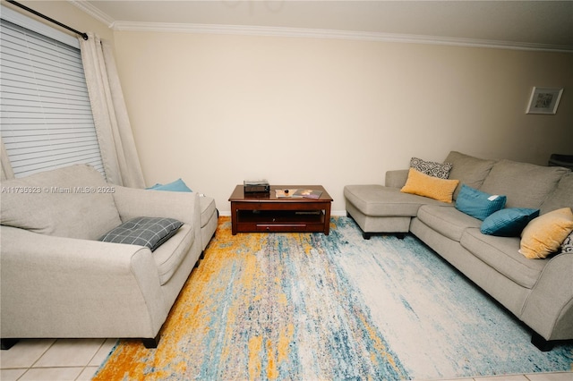 tiled living room with ornamental molding