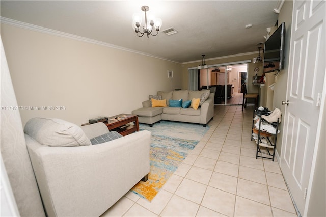 living room featuring crown molding, light tile patterned floors, and a notable chandelier