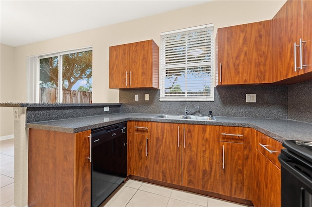 kitchen featuring sink, light tile patterned floors, backsplash, black appliances, and kitchen peninsula