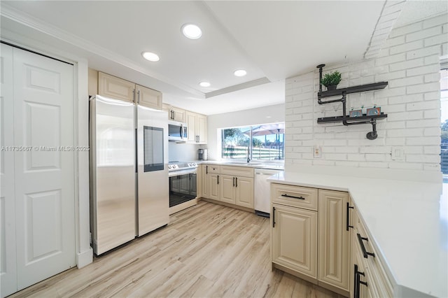 kitchen with a tray ceiling, crown molding, stainless steel appliances, and light wood-type flooring