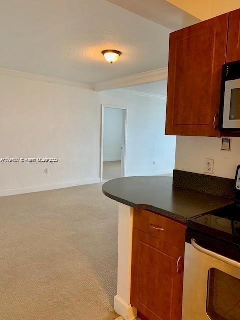 kitchen with light carpet, stainless steel electric stove, and ornamental molding