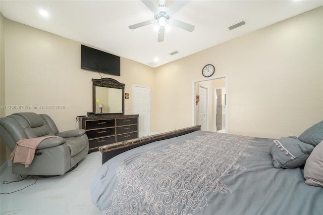 bedroom with lofted ceiling and ceiling fan