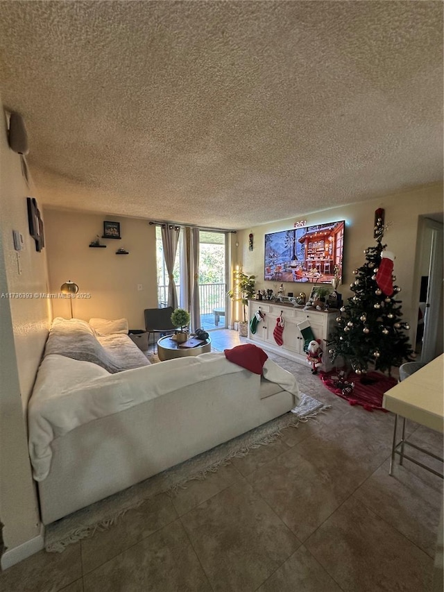 living room with a textured ceiling