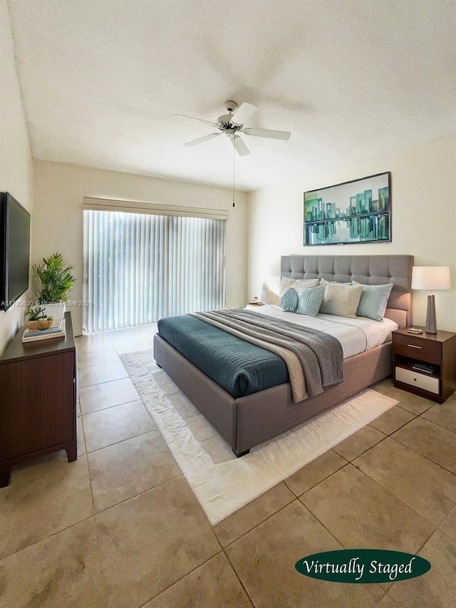 bedroom featuring light tile patterned flooring, access to outside, and ceiling fan