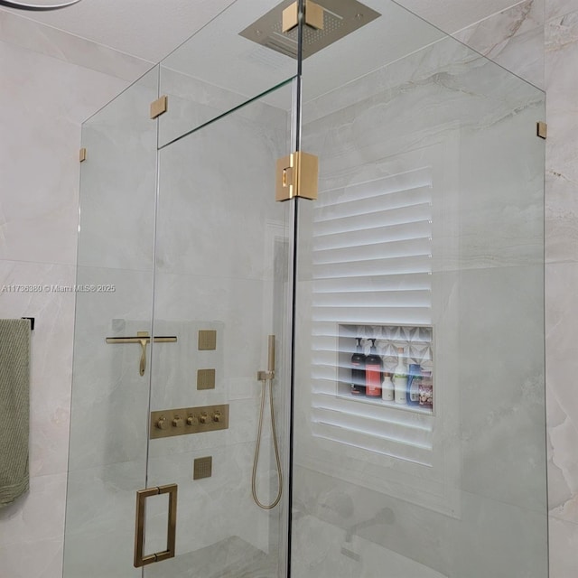 bathroom featuring a shower with shower door