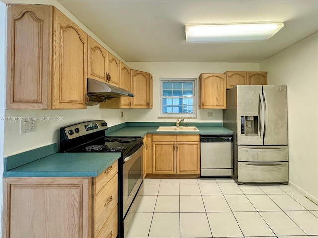 kitchen featuring stainless steel appliances, sink, light tile patterned floors, and light brown cabinets