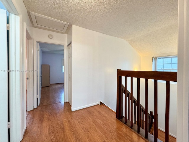 hallway featuring lofted ceiling, hardwood / wood-style floors, and a textured ceiling