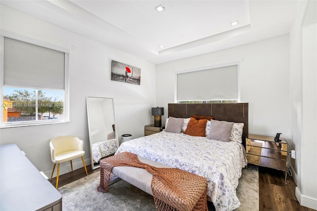 bedroom featuring a raised ceiling and dark hardwood / wood-style floors