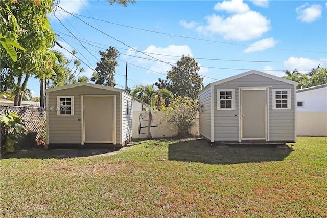 view of yard with a storage shed