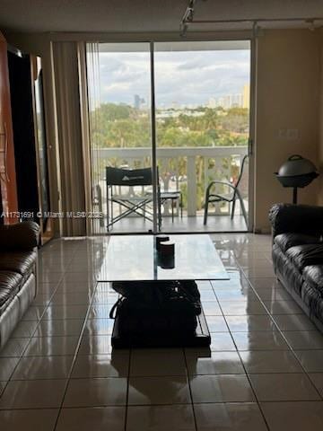 living room featuring dark tile patterned floors